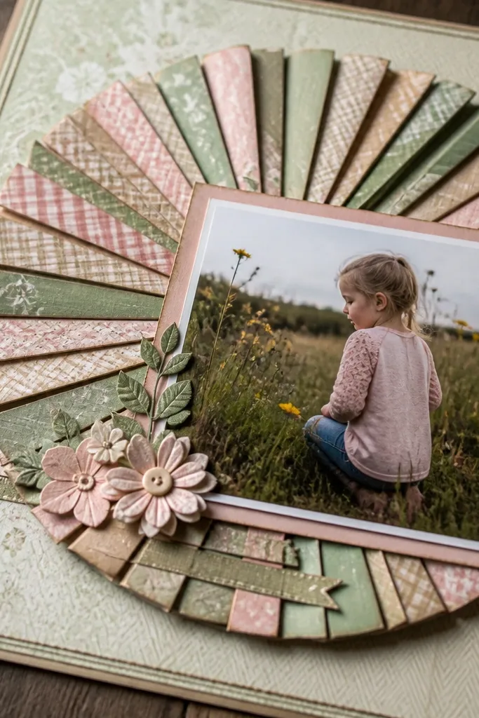 A page with a paper rosette made from strips behind a title