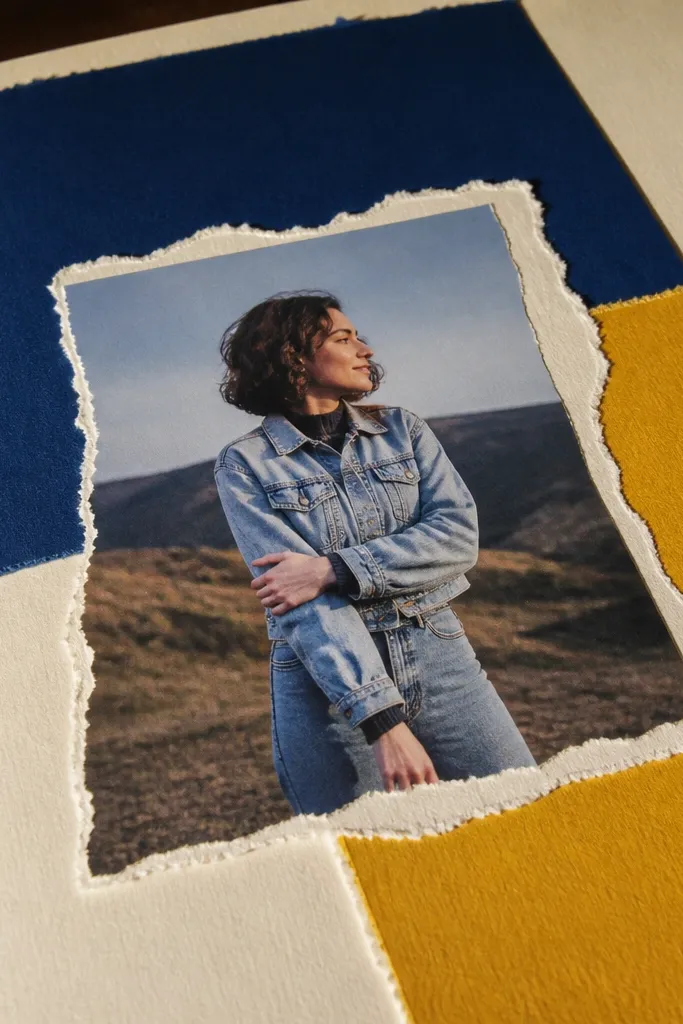 A page with a bright color block and a torn-edge layered on top