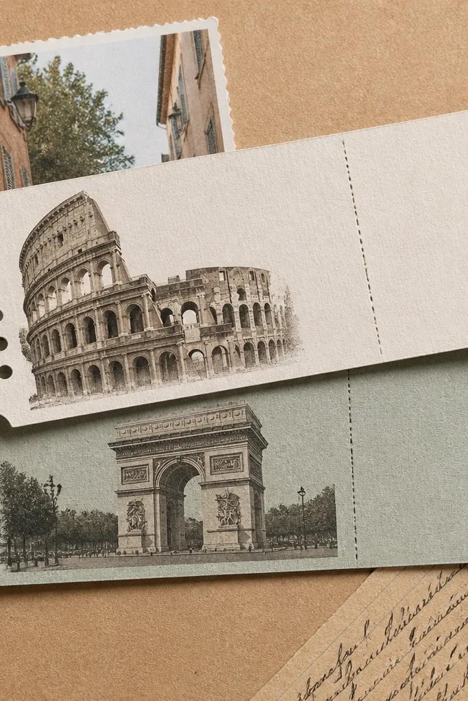 A page with layered ticket stubs and journaling written on an angled strip