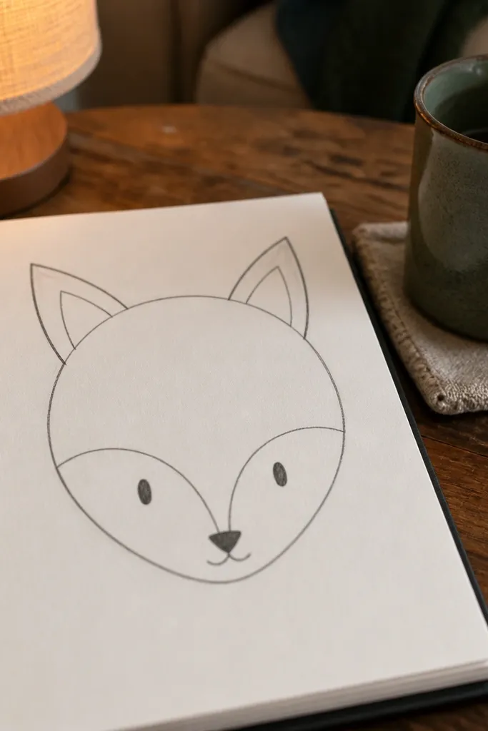 Simple fox face with an egg-shaped head, two triangular ears, and dot eyes
