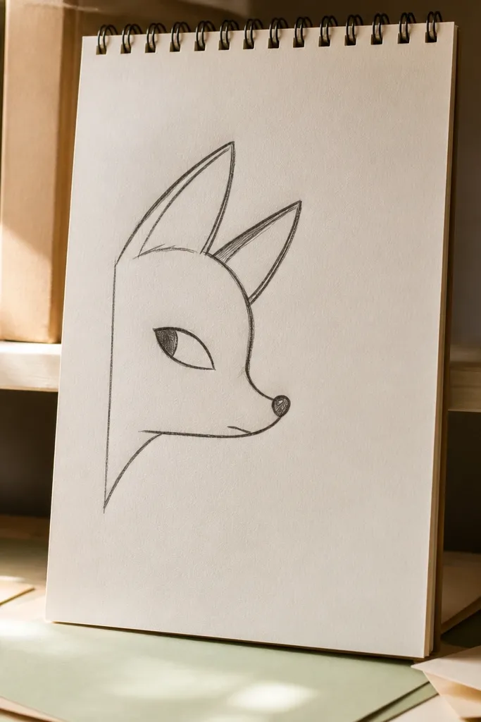 Fox face in side view with one eye, a profile nose, and a curved mouth