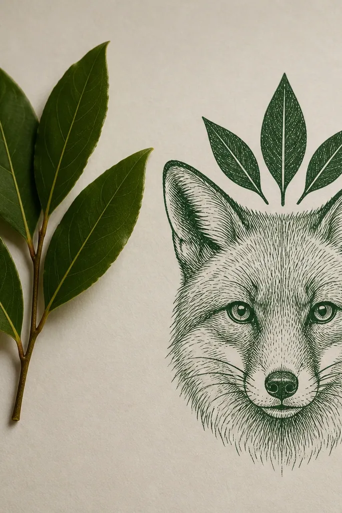 Fox face with a simple crown made of three leaf shapes