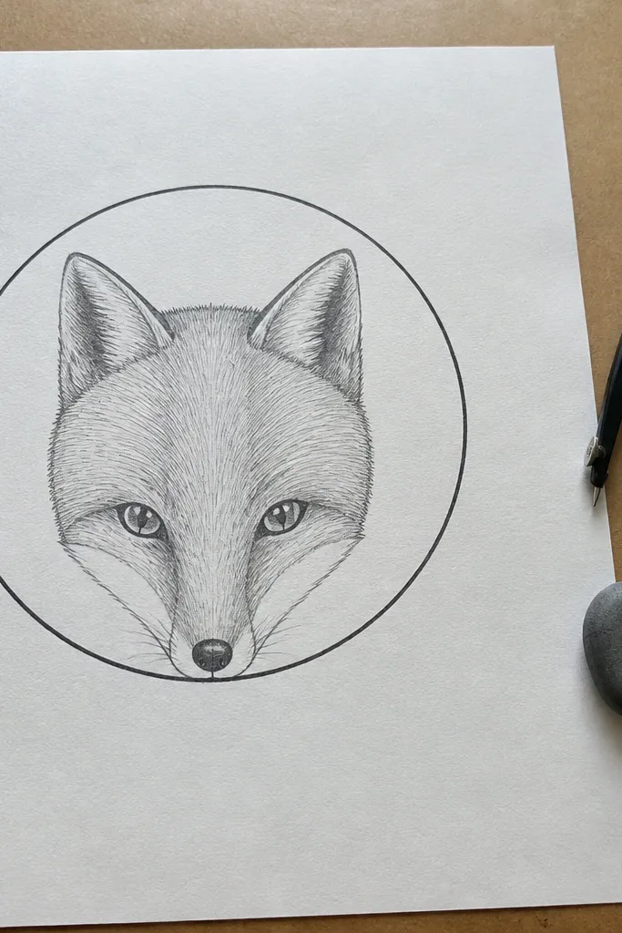 Fox face centered inside a drawn circle frame
