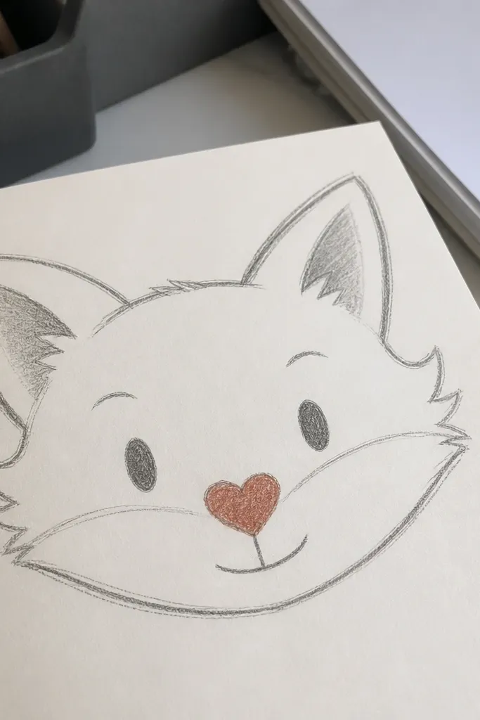 Fox face with a small heart-shaped nose and simple curved mouth