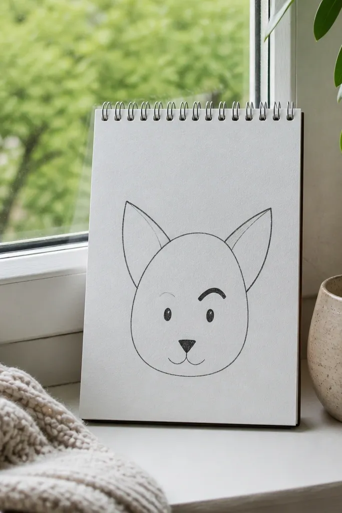 Fox face with one eyebrow line raised and alert eyes