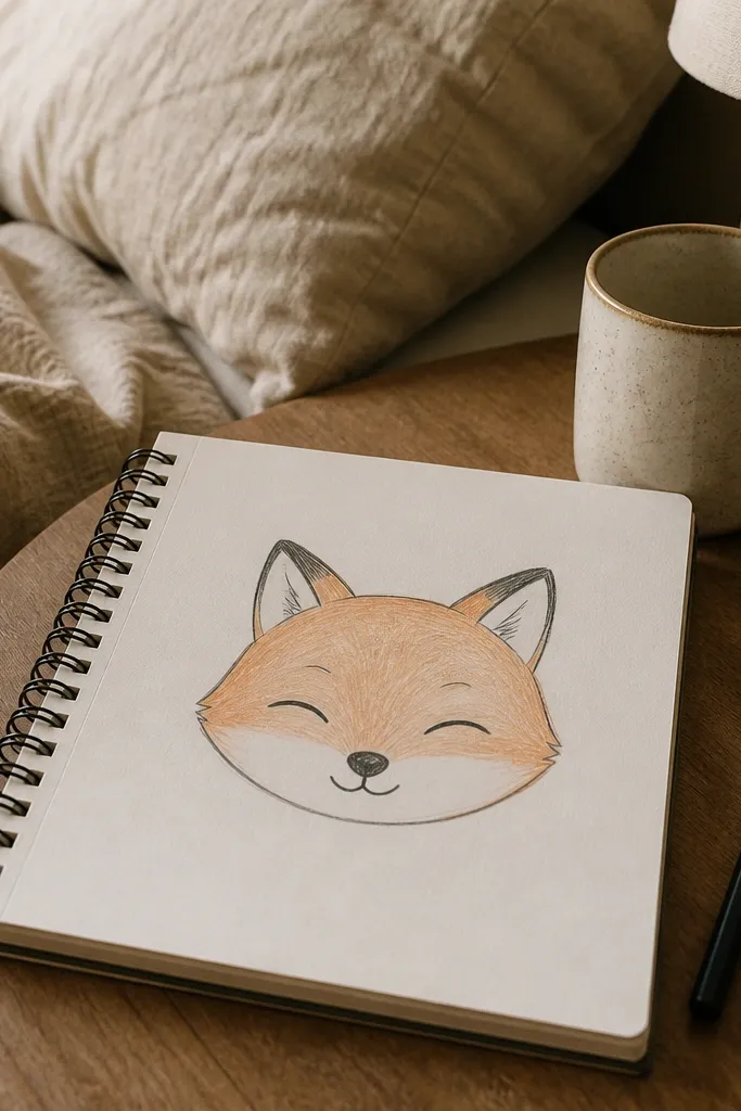 Fox face with closed eyes drawn as arcs and a small smiling mouth