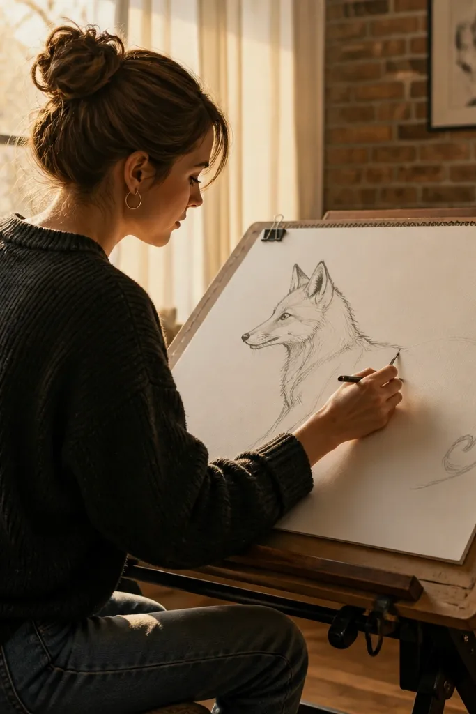 Side profile fox head with a curled tail tip visible