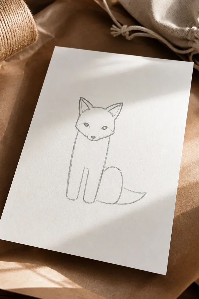 Sitting fox with a simple boxy chest and two front paws