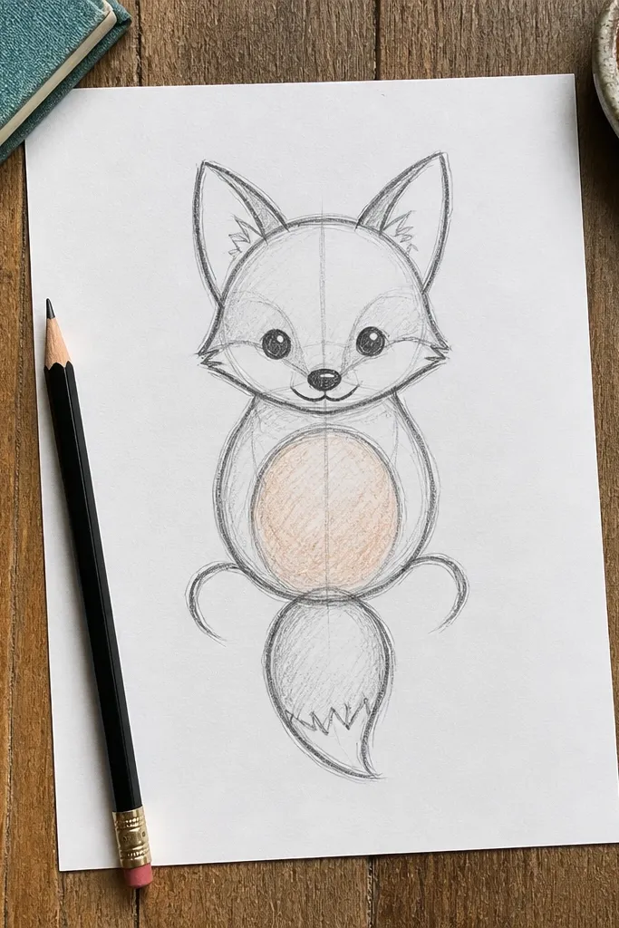 Fox sitting with a round belly and short back legs drawn as simple curves