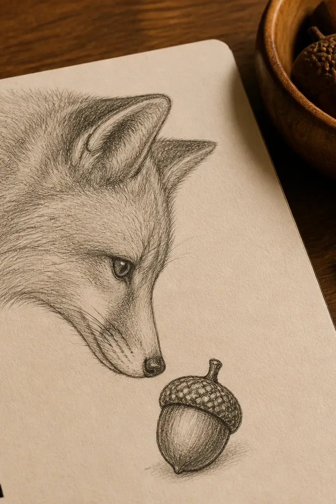 Fox face looking down with a small acorn in front