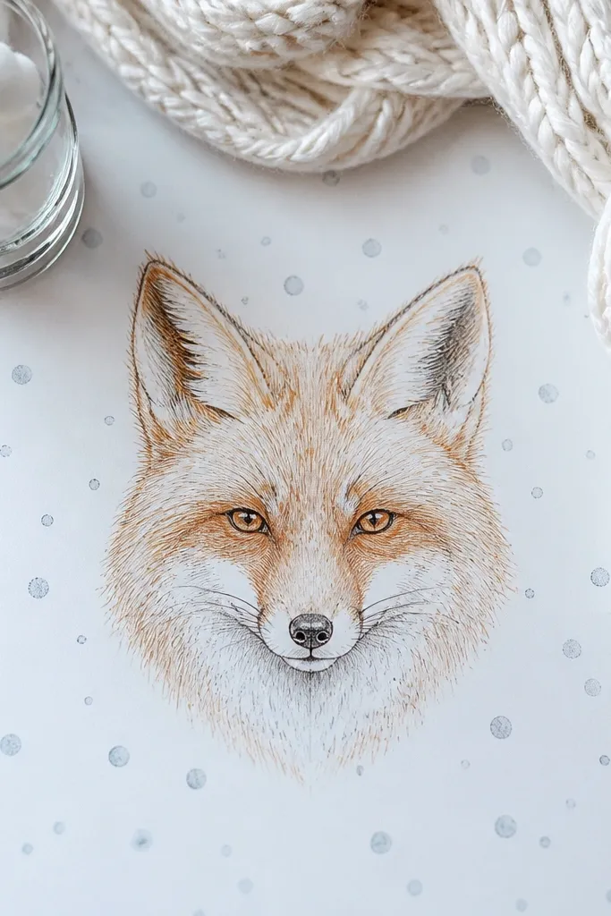 Fox face with two ears and a dotted background suggesting snow