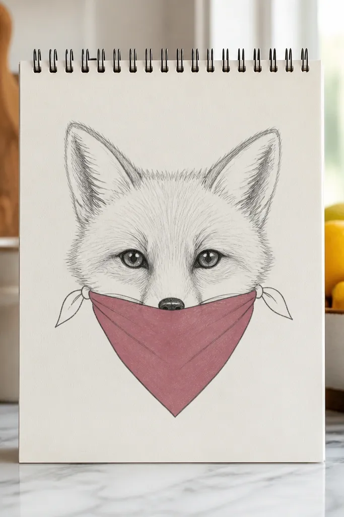 Fox face with a bandana triangle tied under the chin