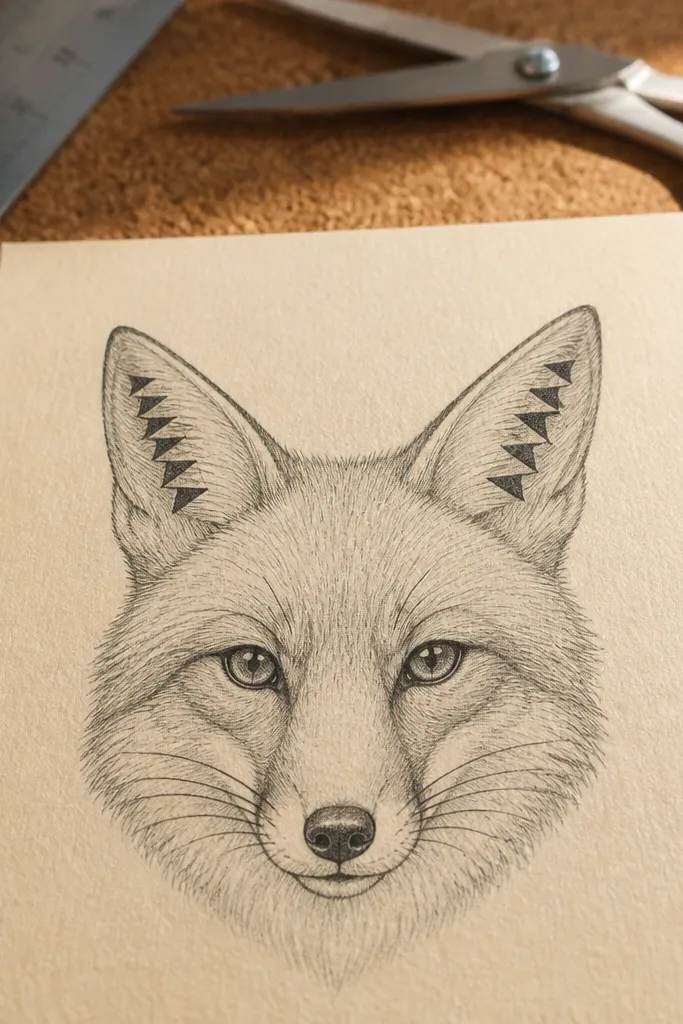 Fox face with triangle patterns on both ears