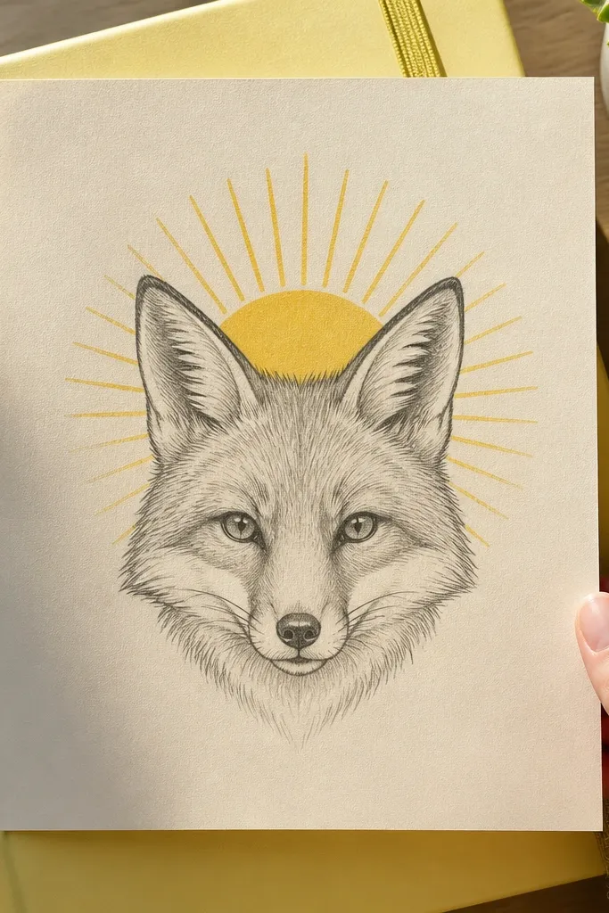 Fox face with a simple sun shape behind the head