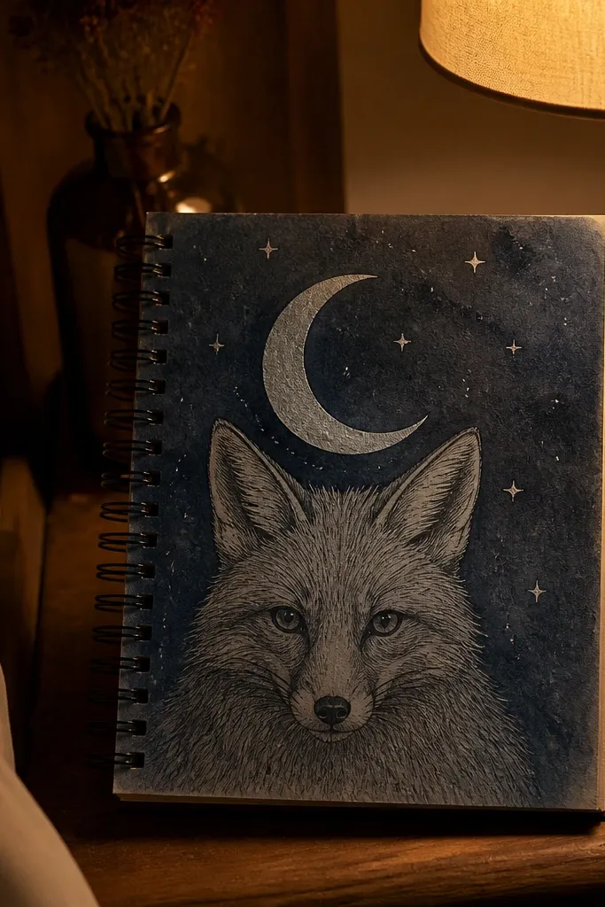Fox face with a crescent moon and a few small stars in the background
