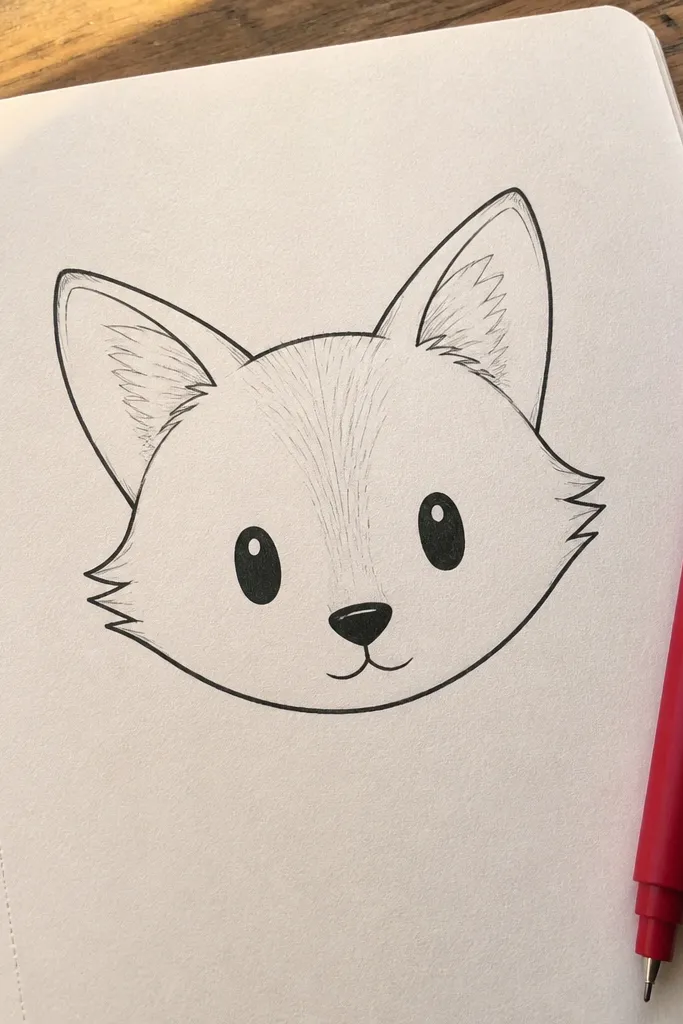 Simple fox face with a round head and large triangular ears in pencil