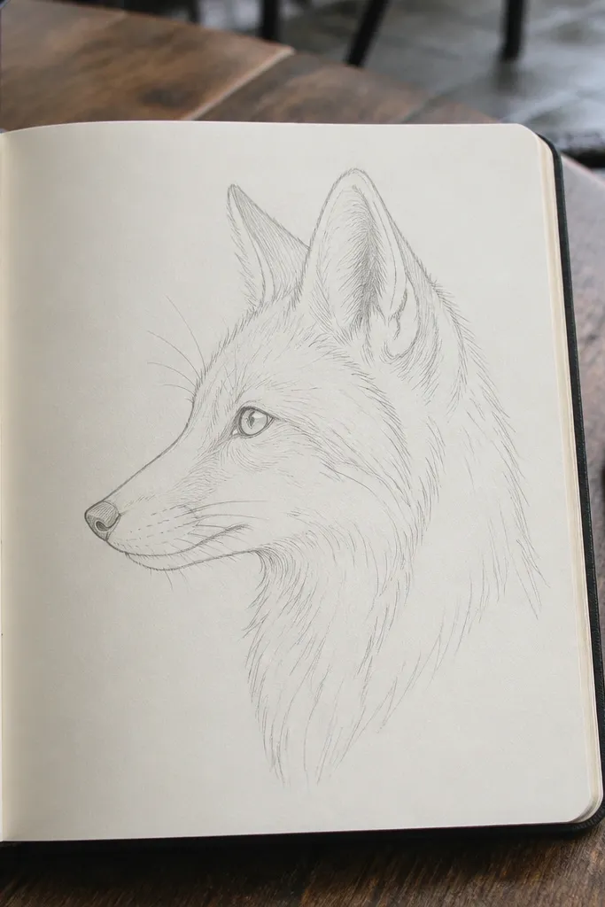 Side-facing fox head with a curved nose bridge and dark outline lines