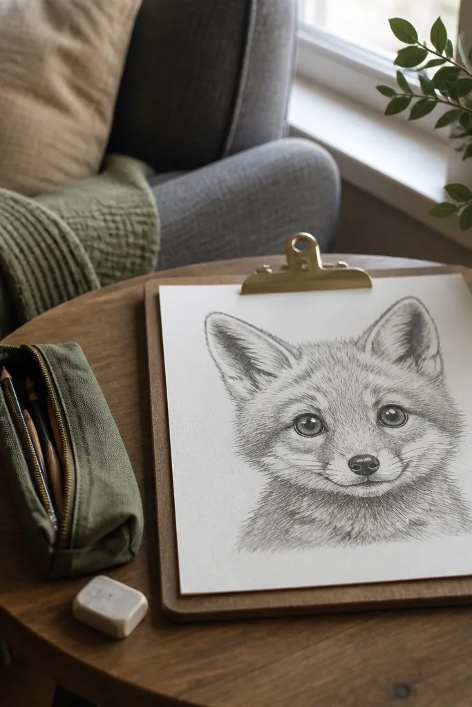 Cute fox kit face with raised eyebrows and big eyes in pencil