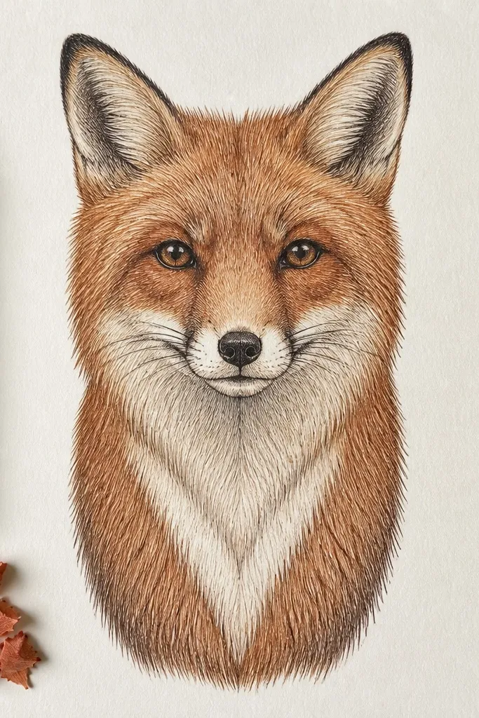 Front-facing fox with a lighter fur patch shaped like a bowtie