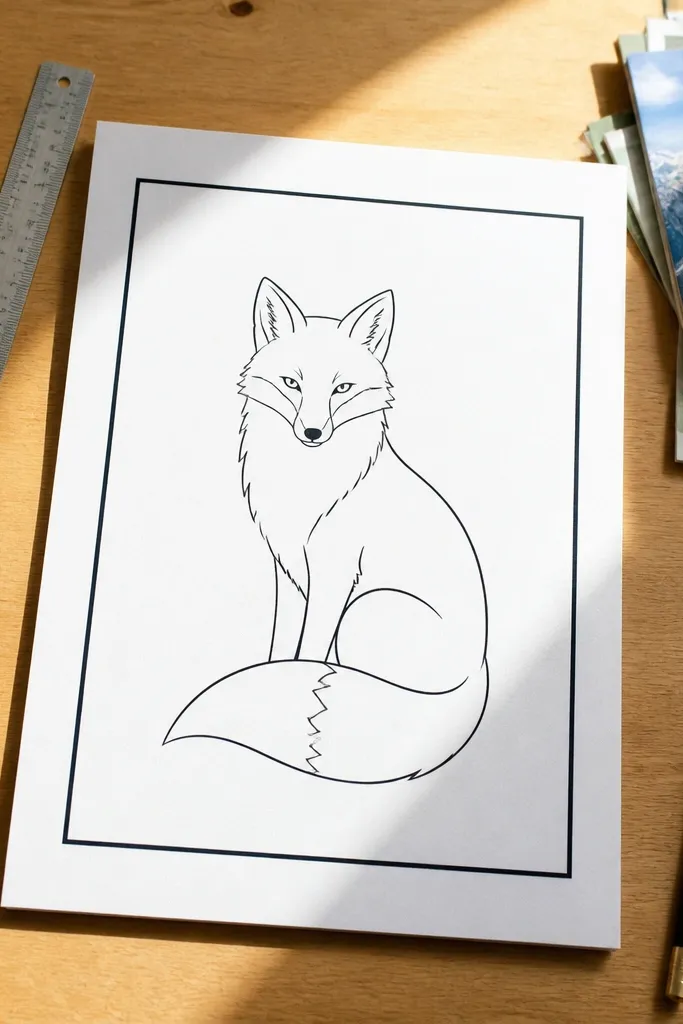 Fox head inside a rectangular frame with bold outline and simple fur marks