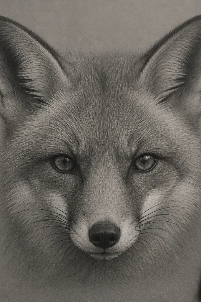 Fox face with three graphite tones and clear dark eye and nose shapes