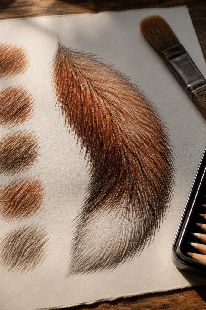 Large fox tail drawing showing five repeated fur stroke patterns