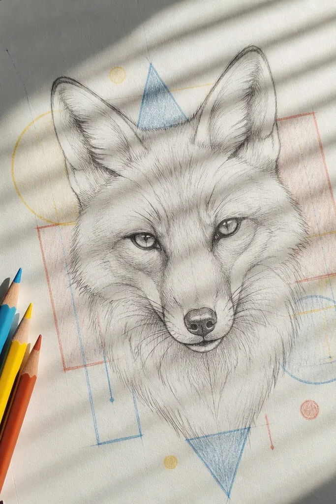 Fox head in front of simple triangles and circles background shapes