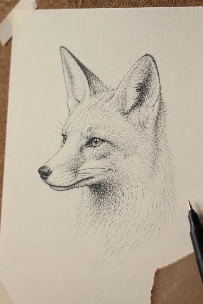 Fox bust drawing with cross-hatched fur under the chin