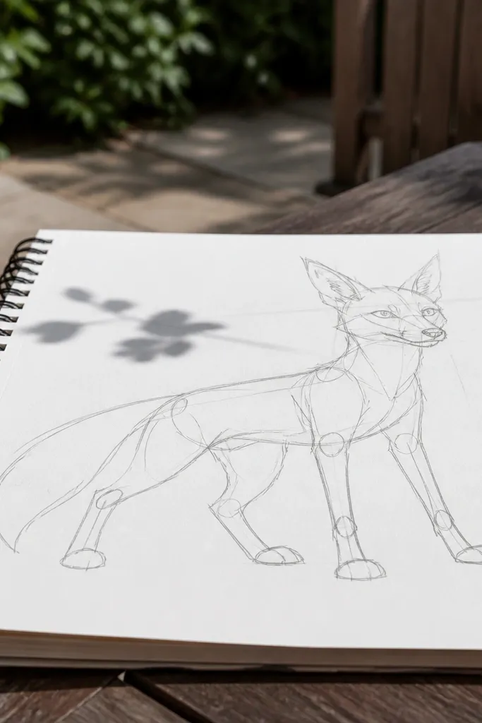 Fox standing with simple stick legs and a clean curved tail