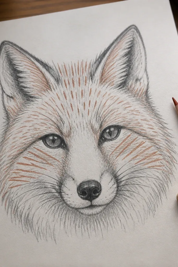 Fox face with intentional striped fur pattern on cheeks and forehead
