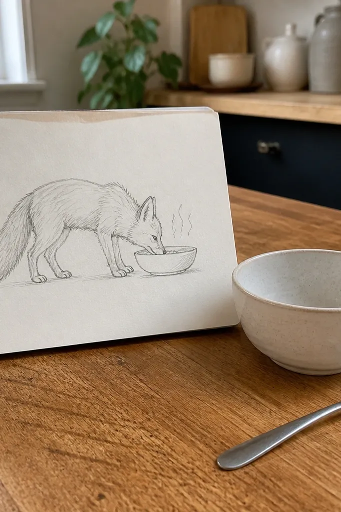 Side fox profile bending toward a simple bowl with steam lines