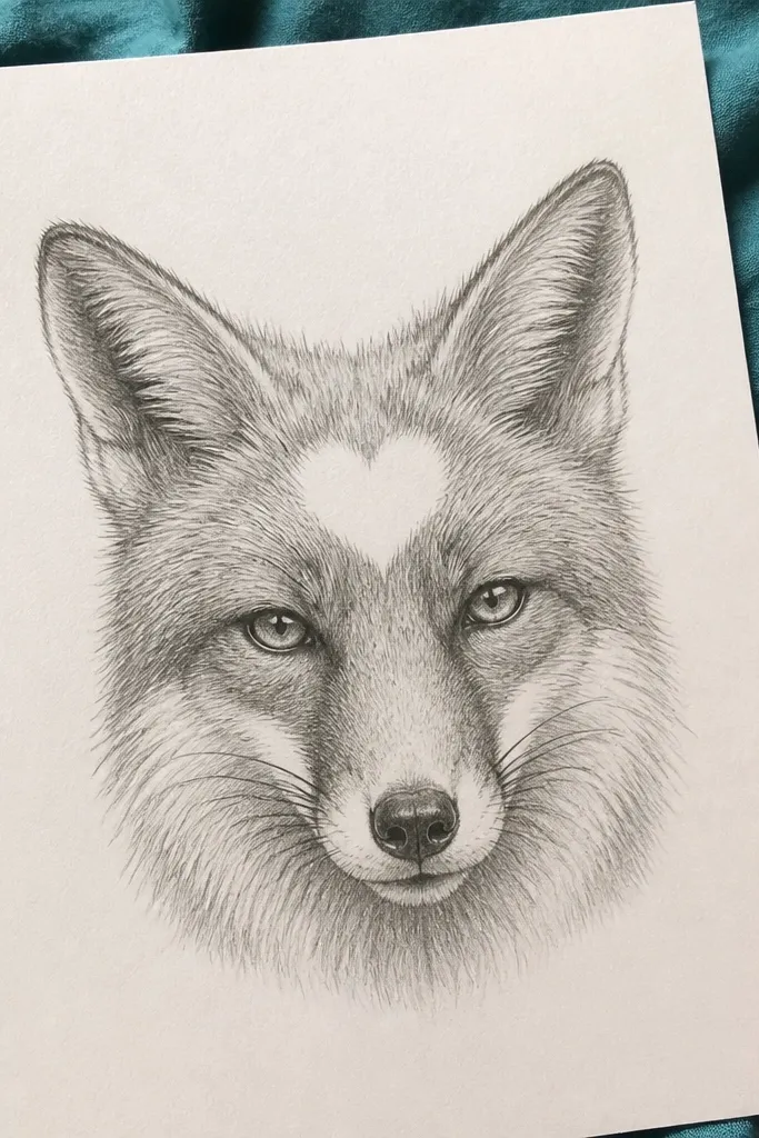 Fox face with a heart-shaped highlight area left unshaded