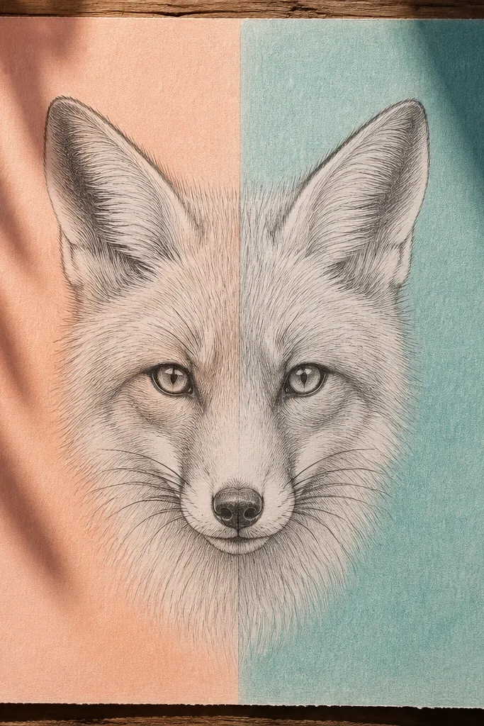 Fox head with split-color background left and right in pencil and colored pencil
