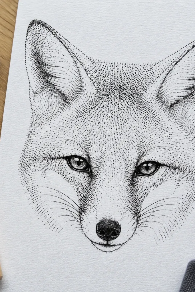 Fox face with dotted fur texture on cheeks and forehead