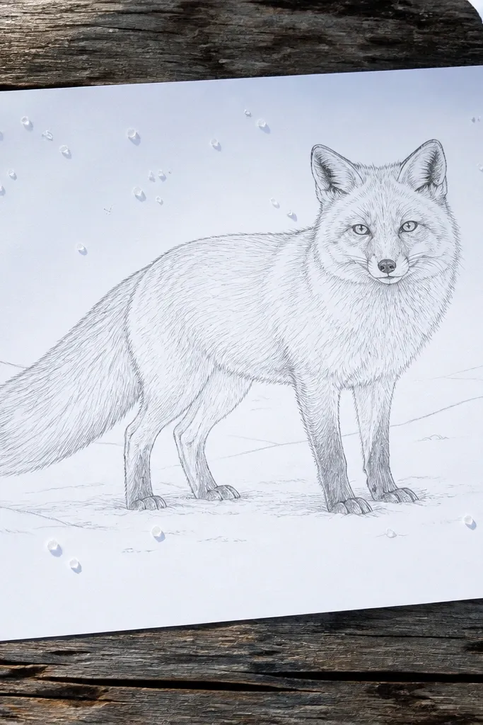 Fox standing on a few snowy lines with minimal shading and crisp outline