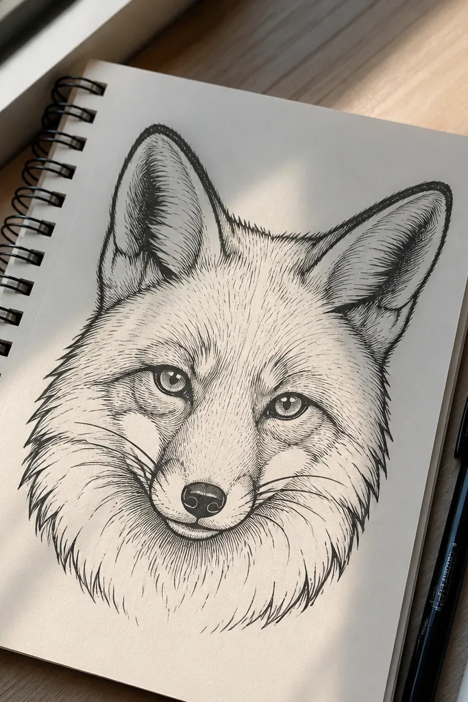 Fox face with thick black outline and two clear white highlight shapes