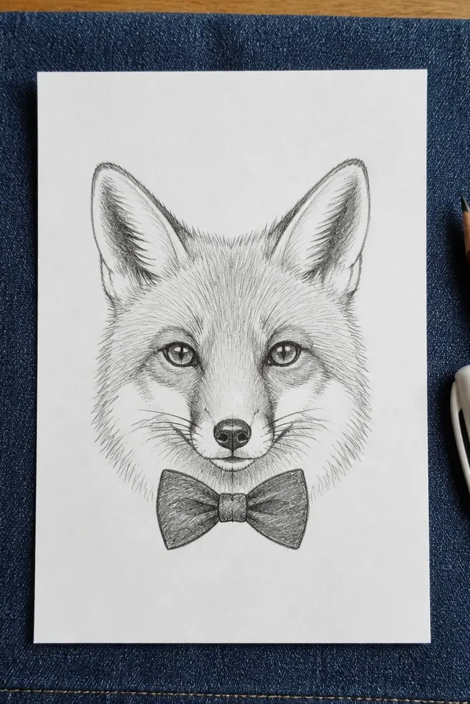 Fox head with a small bowtie collar and light pencil shading