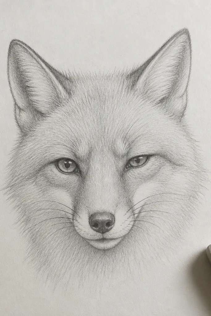 Fox face looking slightly to the side with one eye angled differently