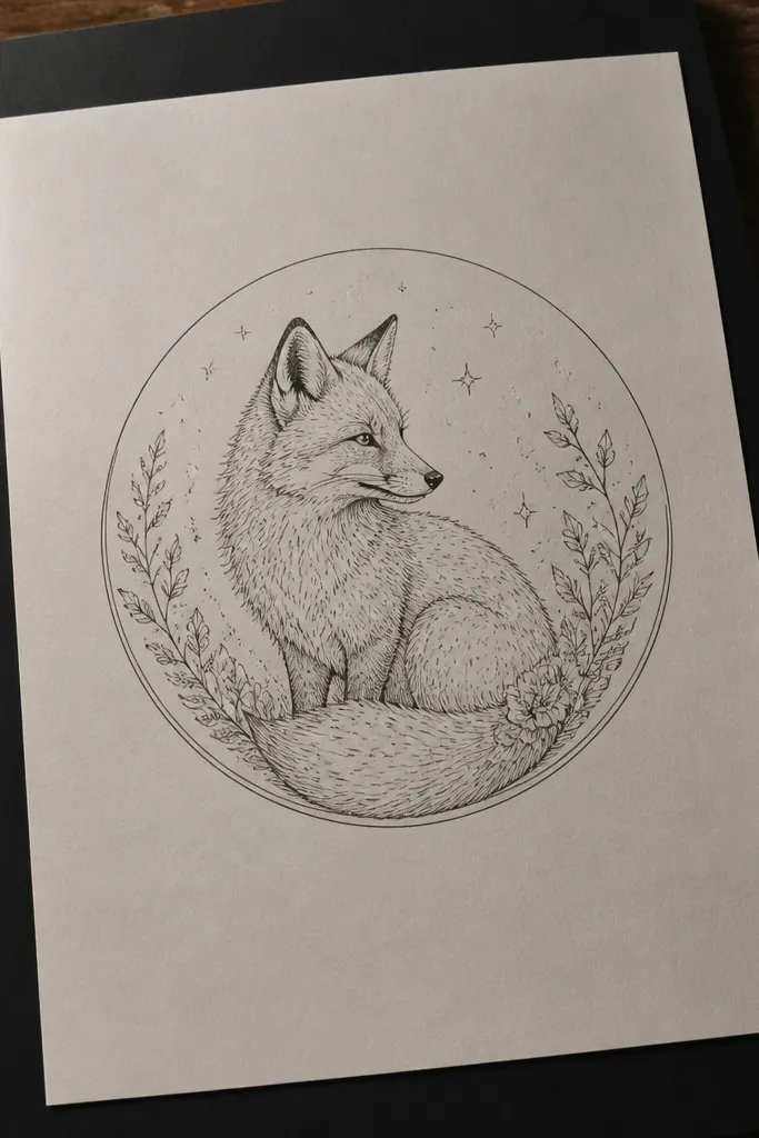 Fox head inside a circle with small spark-like dots around it