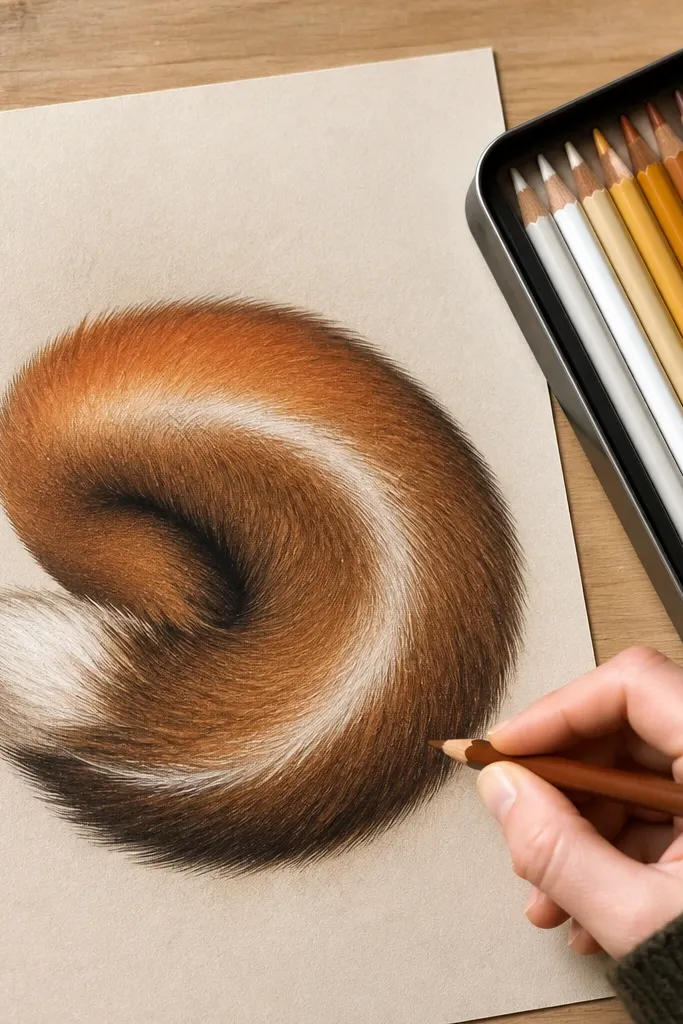 Curled fox tail with a clear lighter stripe down the center