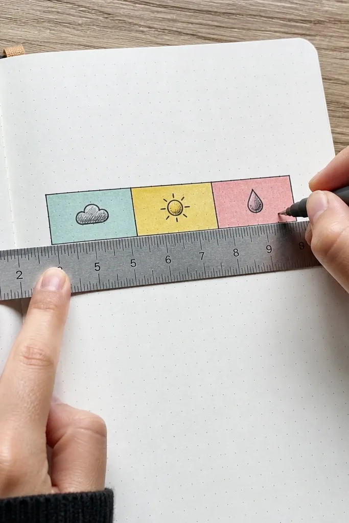 Three colored horizontal strips with tiny weather icons and short mood labels