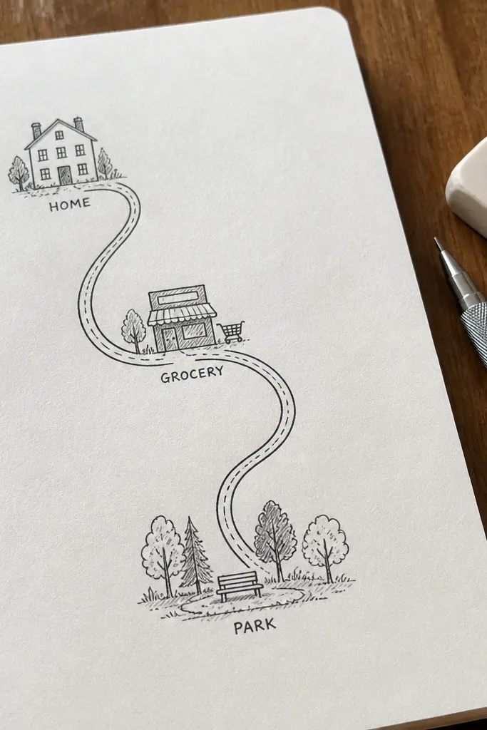 A simple doodle map with a start dot, route line, and labeled stops