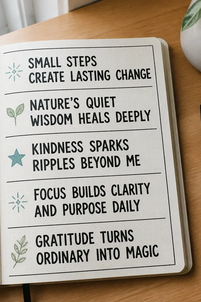 A top row of five-word headlines in bold lettering with tiny icons beside them