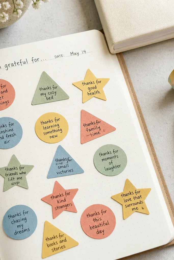 Colorful confetti shapes scattered around short gratitude notes