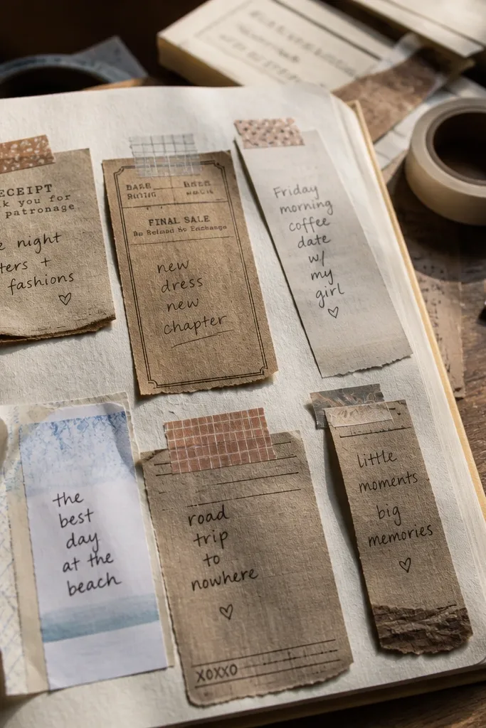 A collage of receipt-shaped paper pieces with short memory notes and dates
