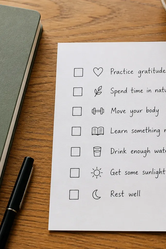 A checklist with hand-lettered items and small checkmark icons in a neat column
