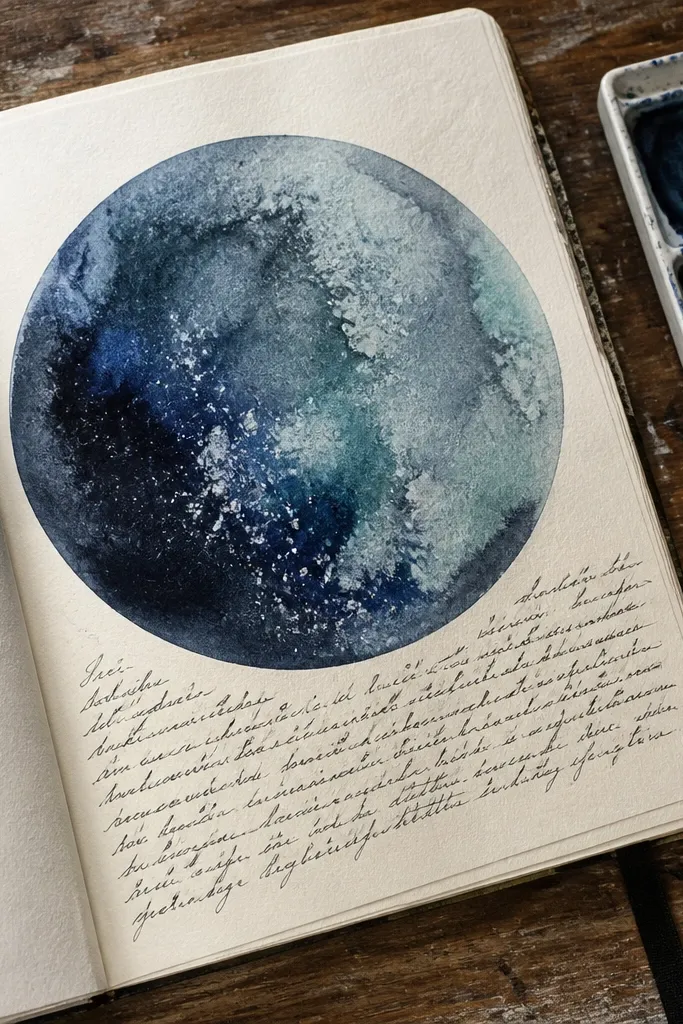 A painted circle planet with small ink splatters and a short mood caption