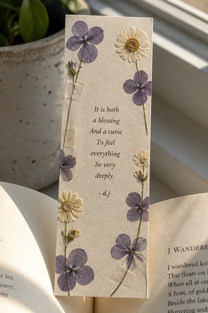 Pressed flowers tucked into a bookmark-shaped page with short poem lines.