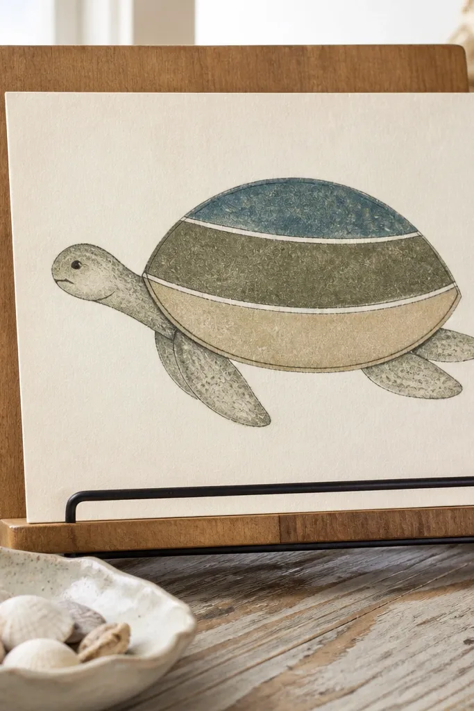 Simple sea turtle with an oval body, three curved shell bands, and two small flippers.