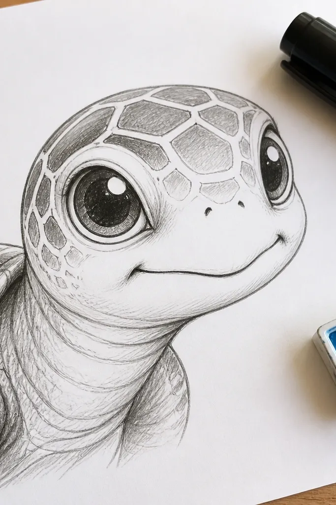 Cartoon sea turtle face with big eyes, a simple smiling mouth, and a rounded shell outline.